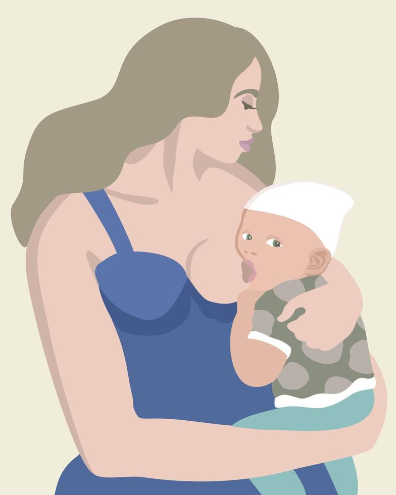 Young long-haired mother in blue dress breastfeeding her baby. vector