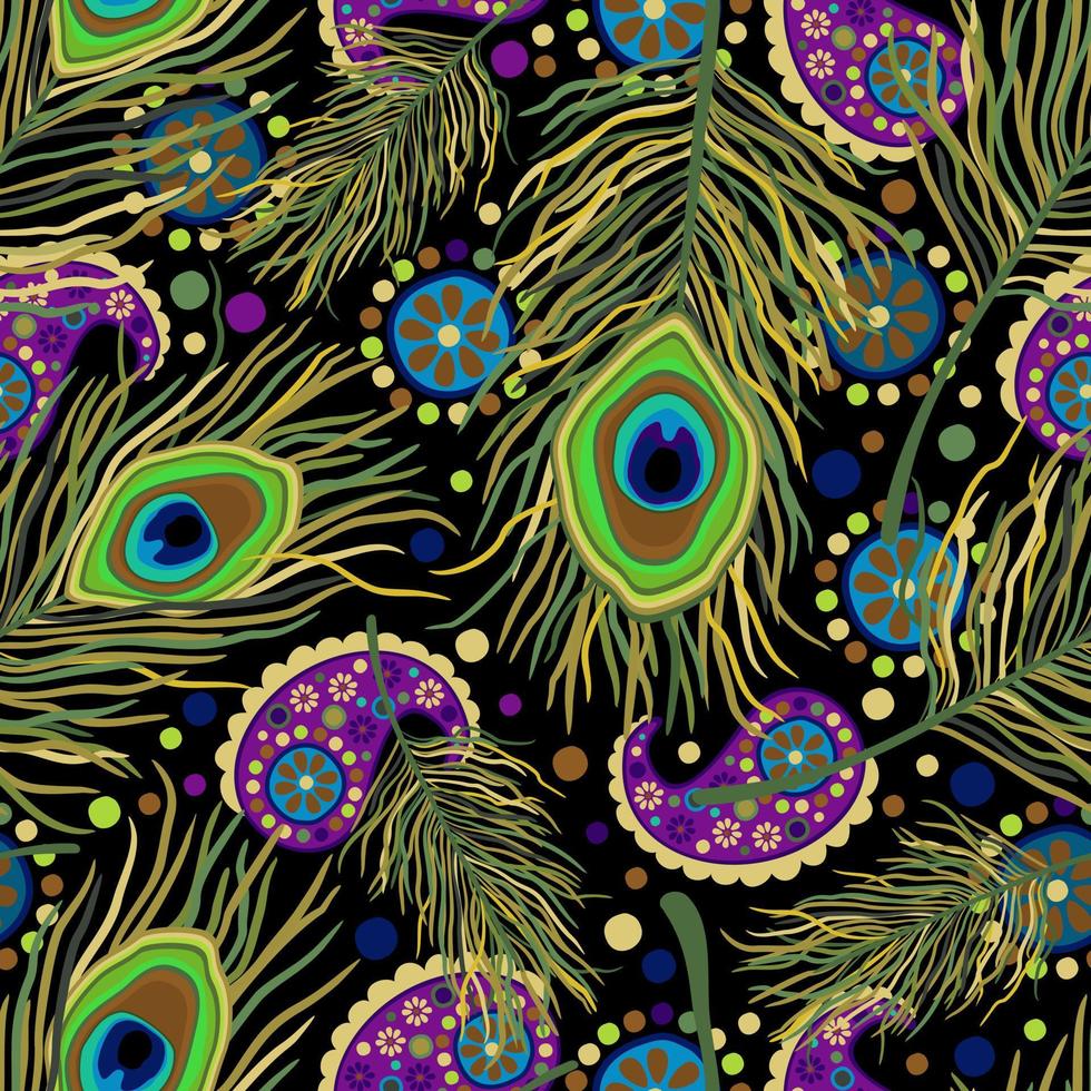 Vector seamless pattern with peacock feathers and paisley.