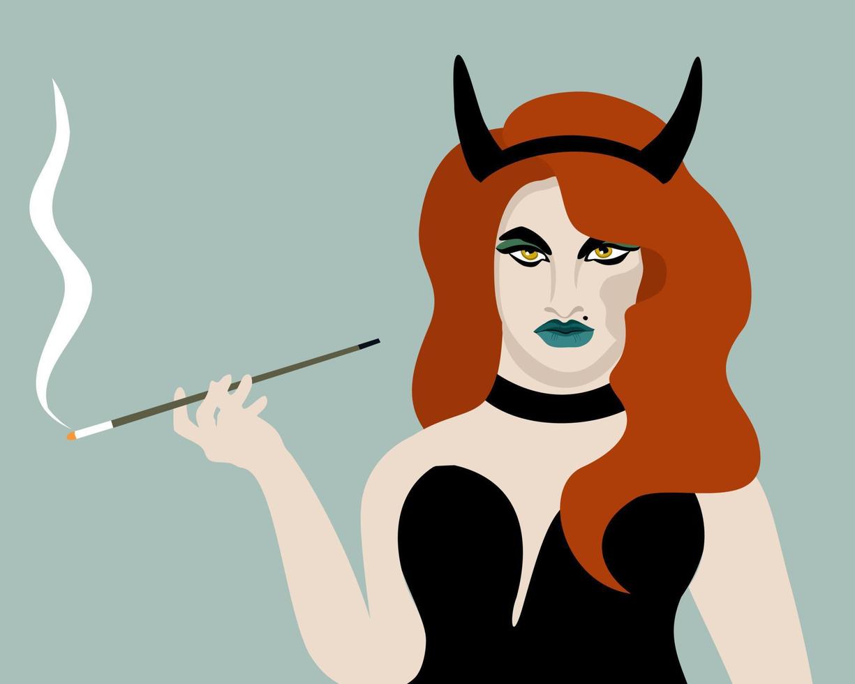 Young yellow-eyed witch with black horns and cigarette in a holder. Vector illustration.