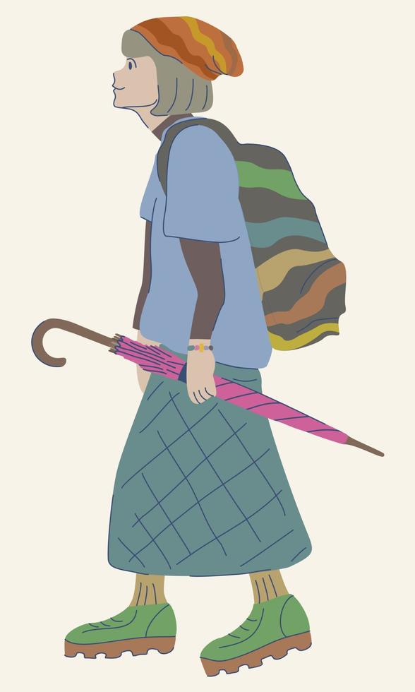 Vector isolated illustration of elderly woman with umbrella.