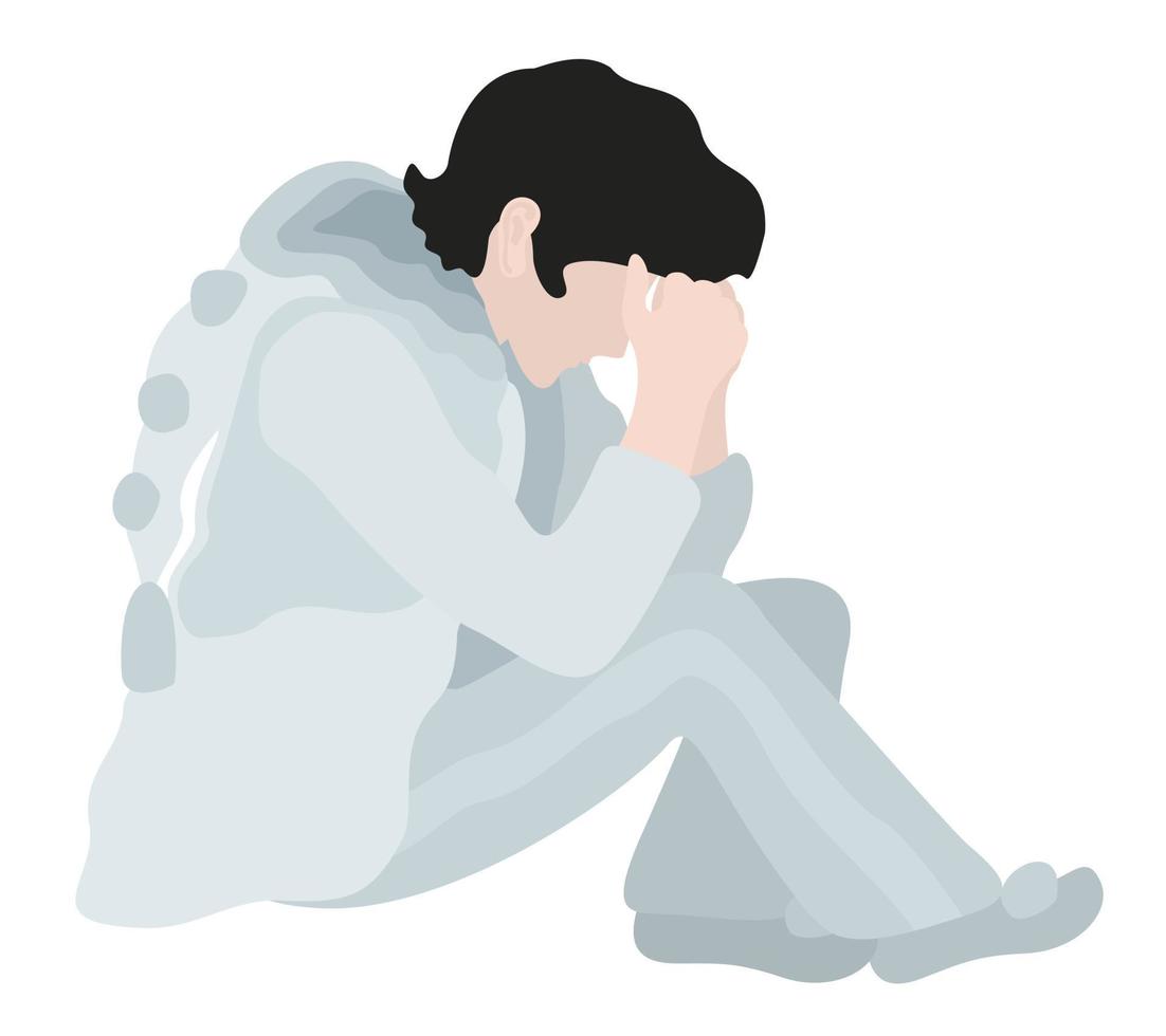 Pierrot. Vector isolated illustration of young man sitting on the floor and crying.