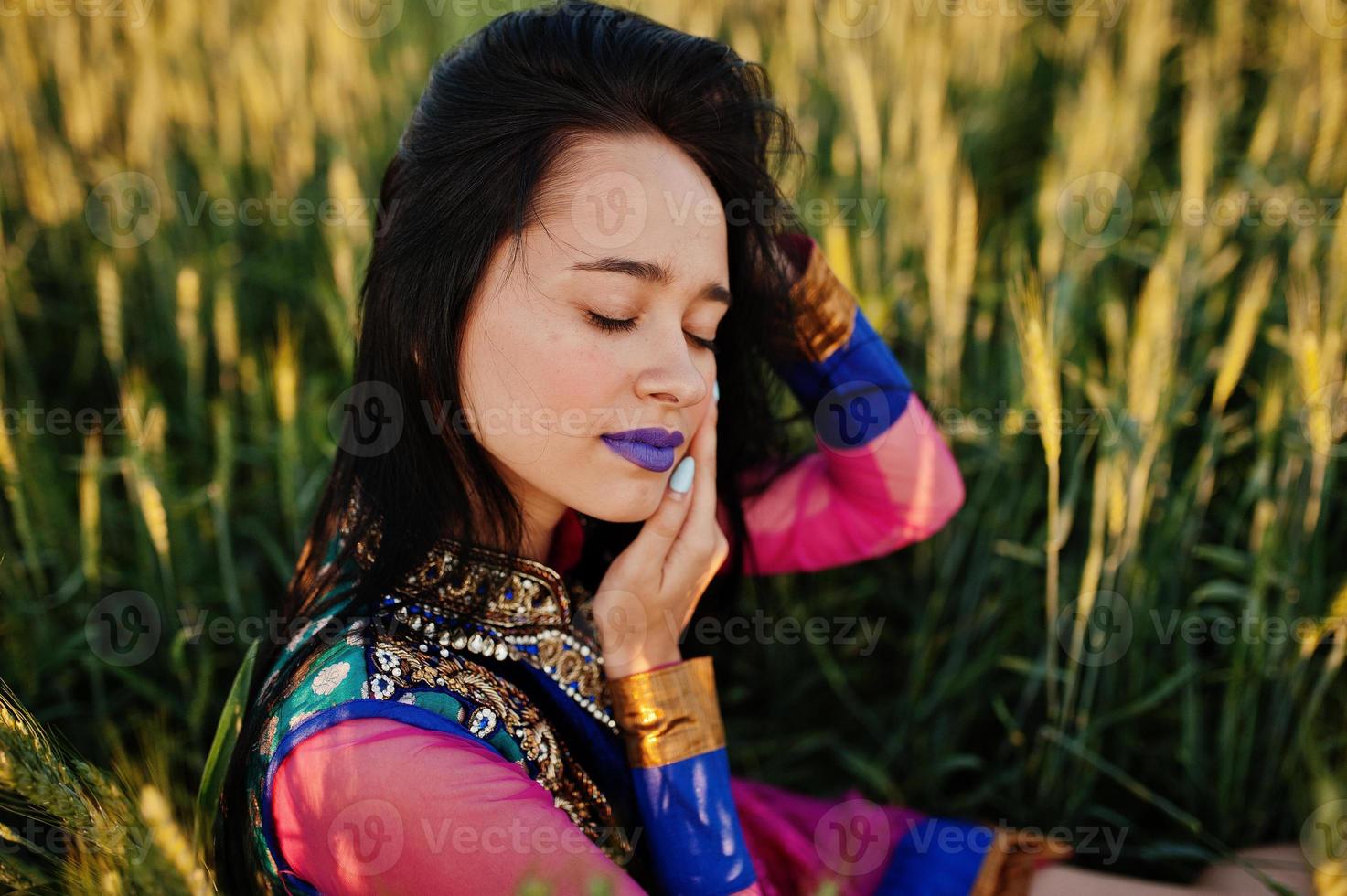 Tender indian girl in saree, with violet lips make up posed at field in sunset. Fashionable india model. photo