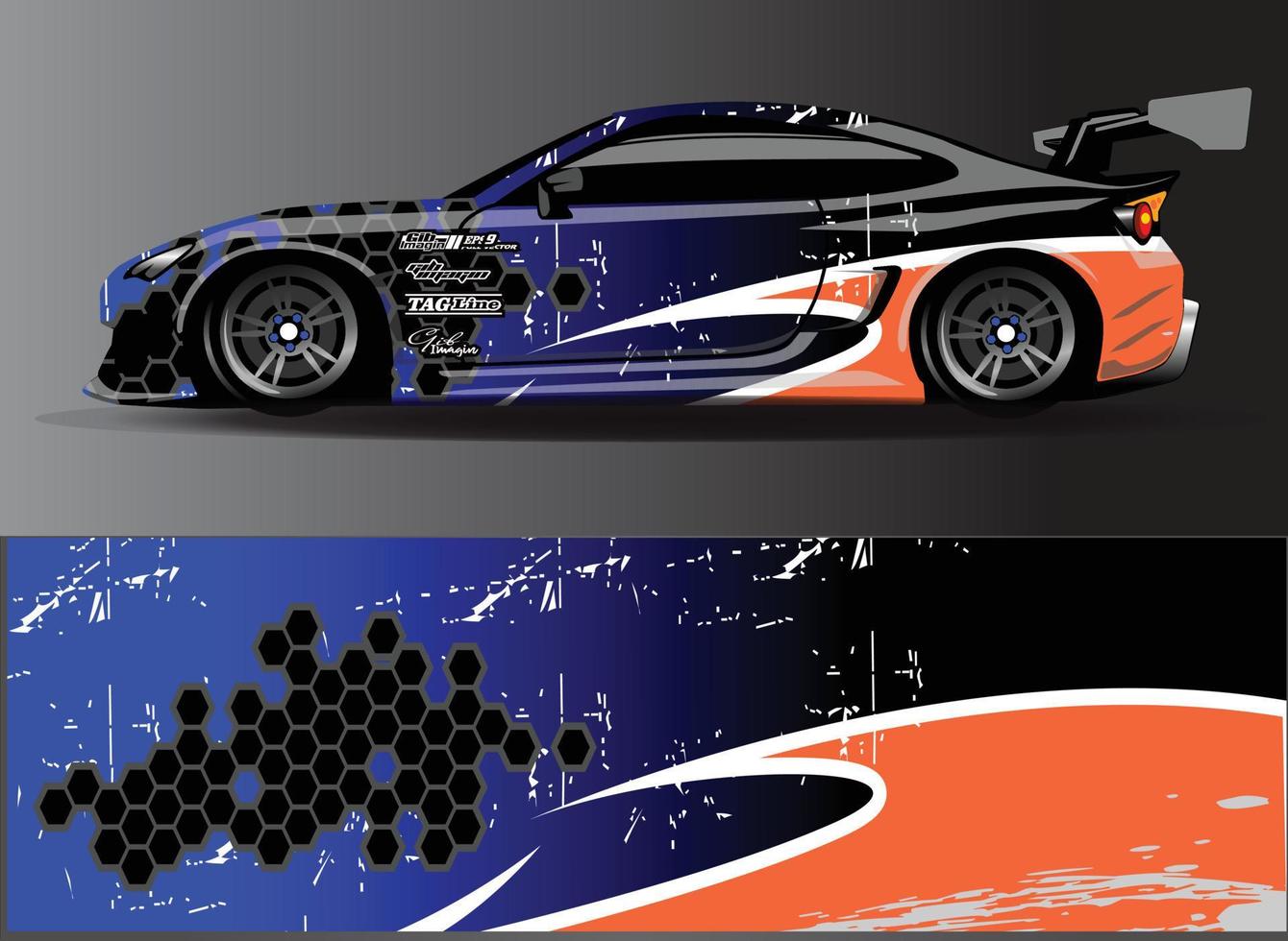 vector de diseño de envoltura de coche. Diseños de kits de fondo de carreras de franjas abstractas gráficas para envolver vehículos carrera de autos rally aventura y librea