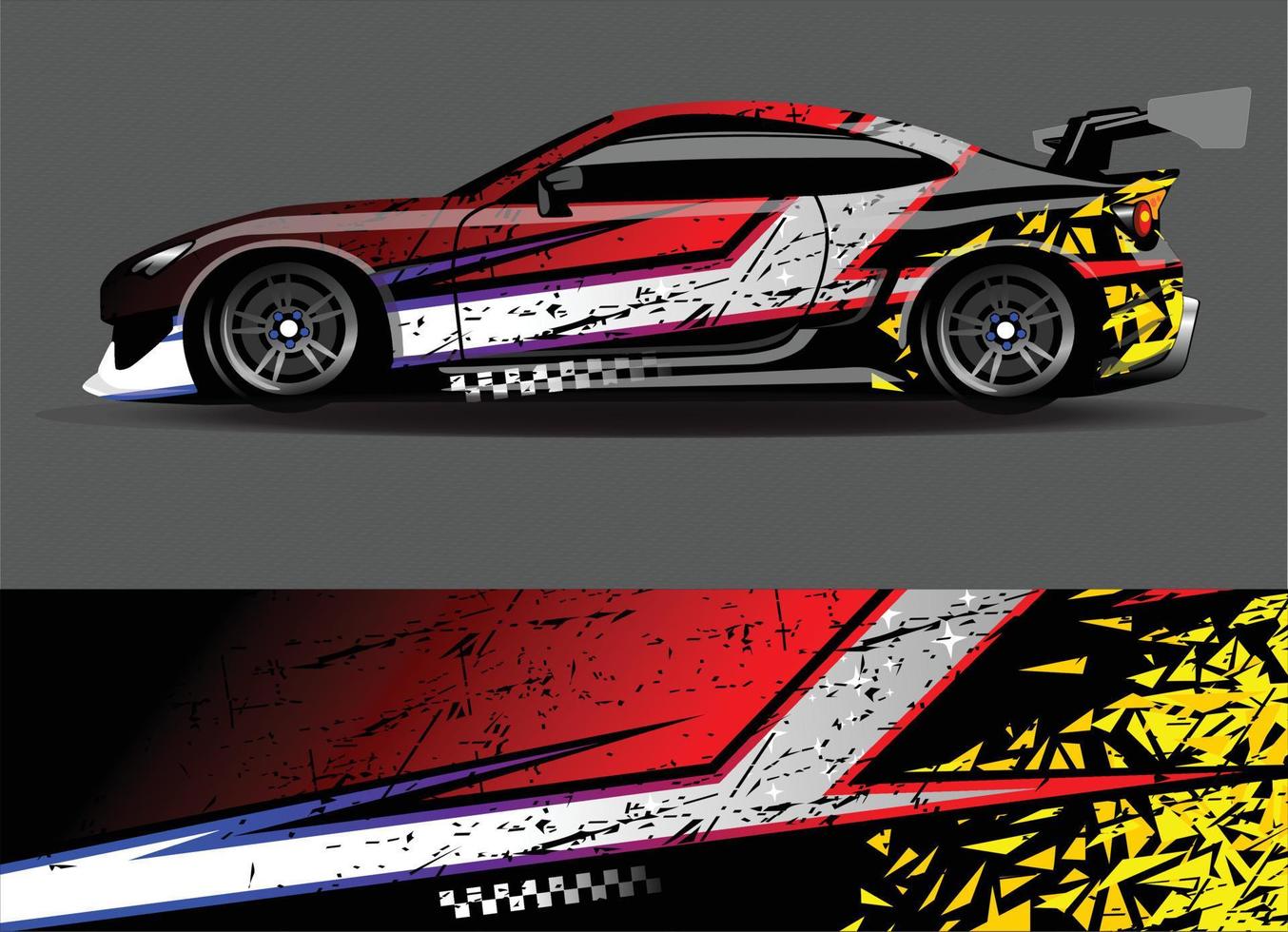 vector de diseño de envoltura de coche. Diseños de kits de fondo de carreras de franjas abstractas gráficas para envolver vehículos carrera de autos rally aventura y librea