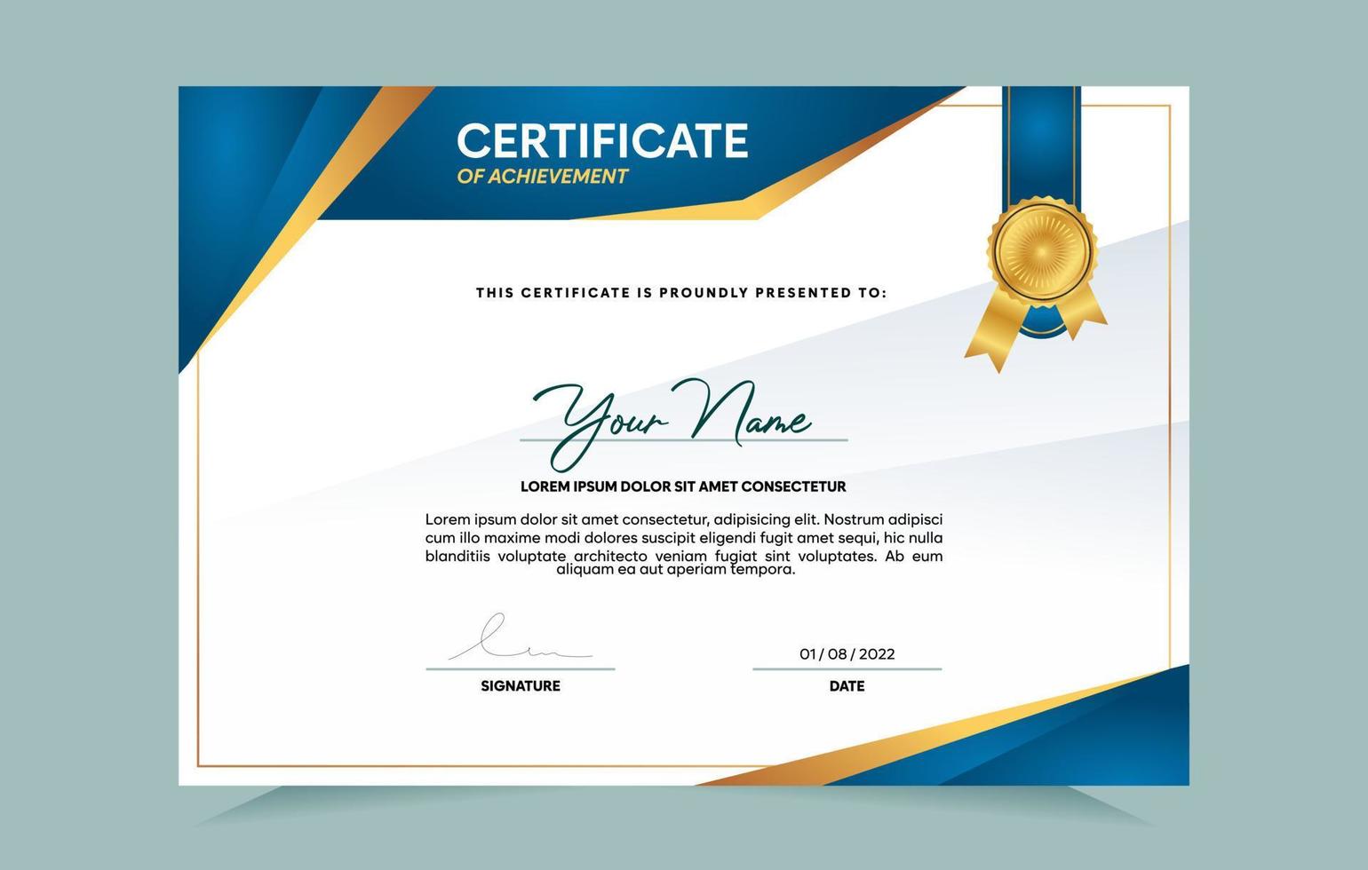 Blue and gold certificate of achievement template set with gold badge and border.  For award, business, and education needs. Vector Illustration