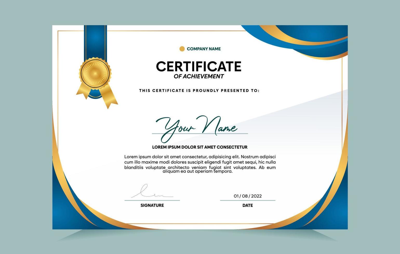 Blue and gold certificate of achievement template set with gold badge and border.  For award, business, and education needs. Vector Illustration