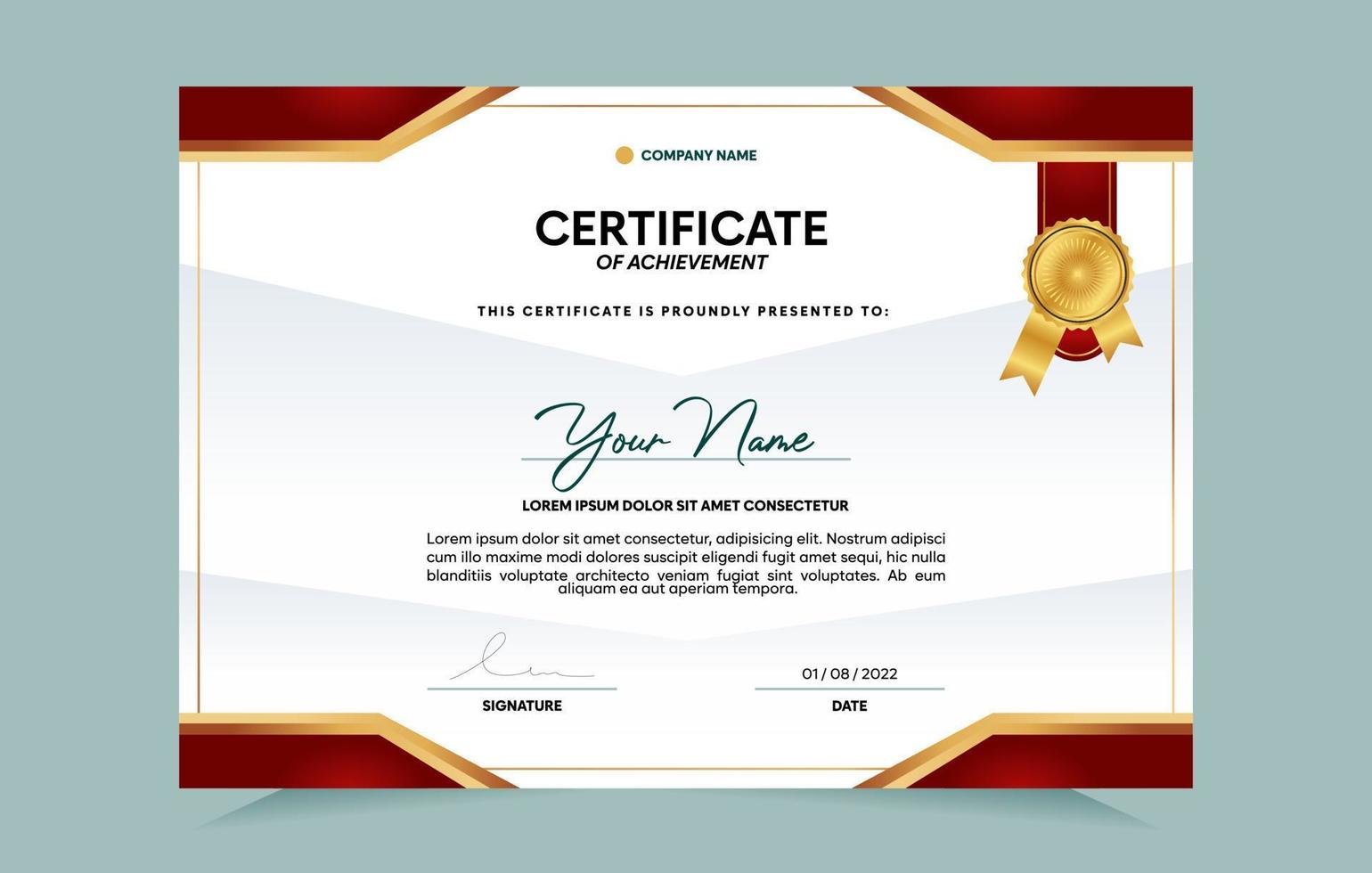 Red and gold certificate of achievement template set with gold badge and border.  For award, business, and education needs. Vector Illustration