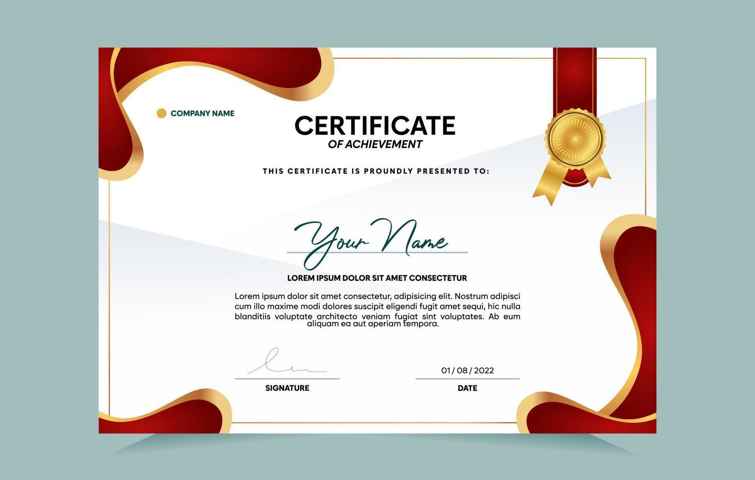 Red and gold certificate of achievement template set with gold badge and border.  For award, business, and education needs. Vector Illustration