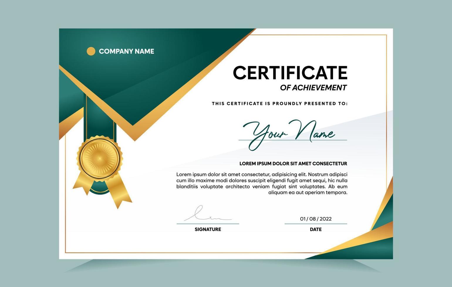 Green and gold certificate of achievement template set with gold badge and border.  For award, business, and education needs. Vector Illustration