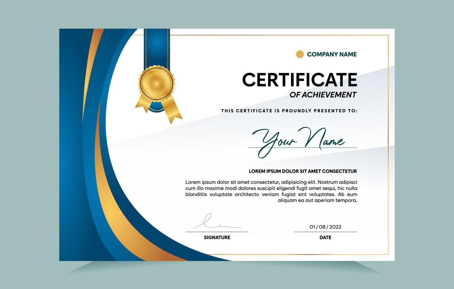 Blue and gold certificate of achievement template set with gold badge and border.  For award, business, and education needs. Vector Illustration