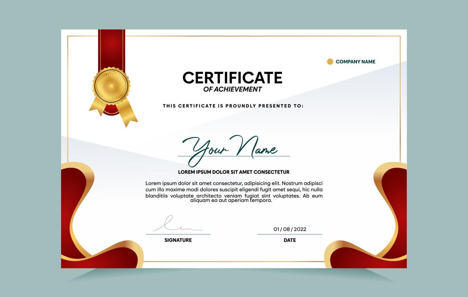 Red and gold certificate of achievement template set with gold badge and border.  For award, business, and education needs. Vector Illustration