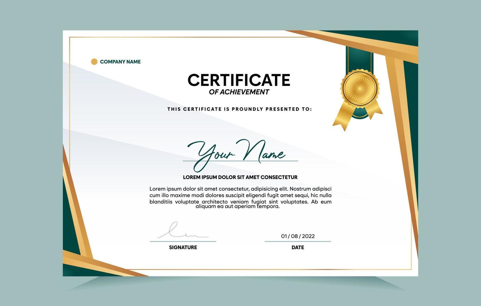 Green and gold certificate of achievement template set with gold badge and border.  For award, business, and education needs. Vector Illustration