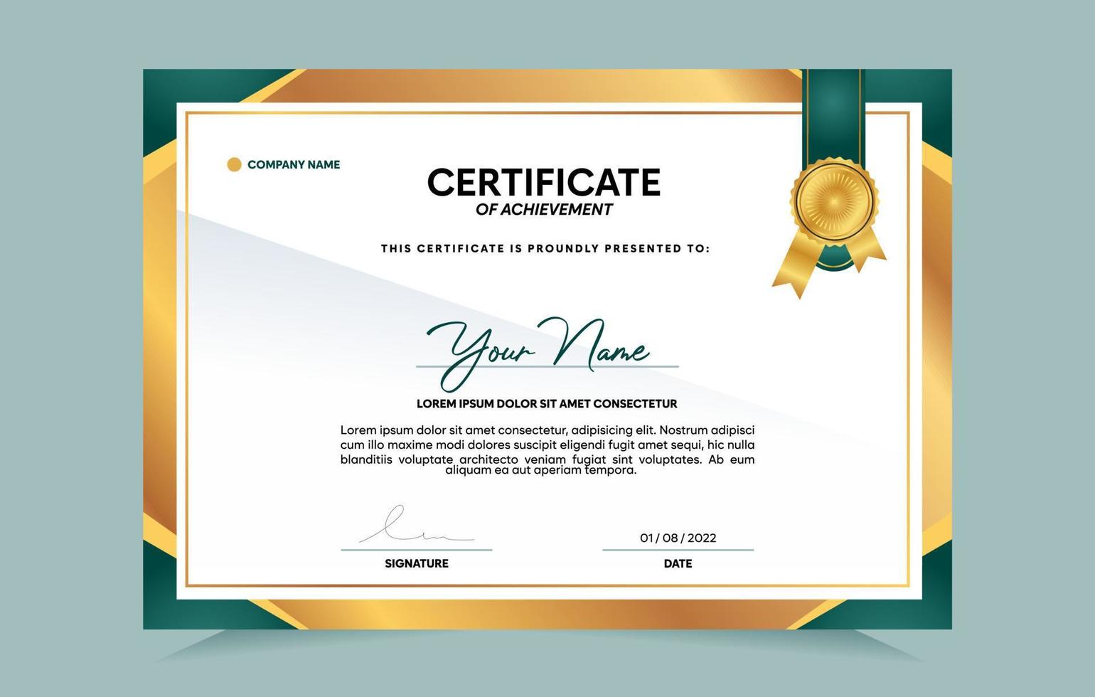 Green and gold certificate of achievement template set with gold badge and border.  For award, business, and education needs. Vector Illustration