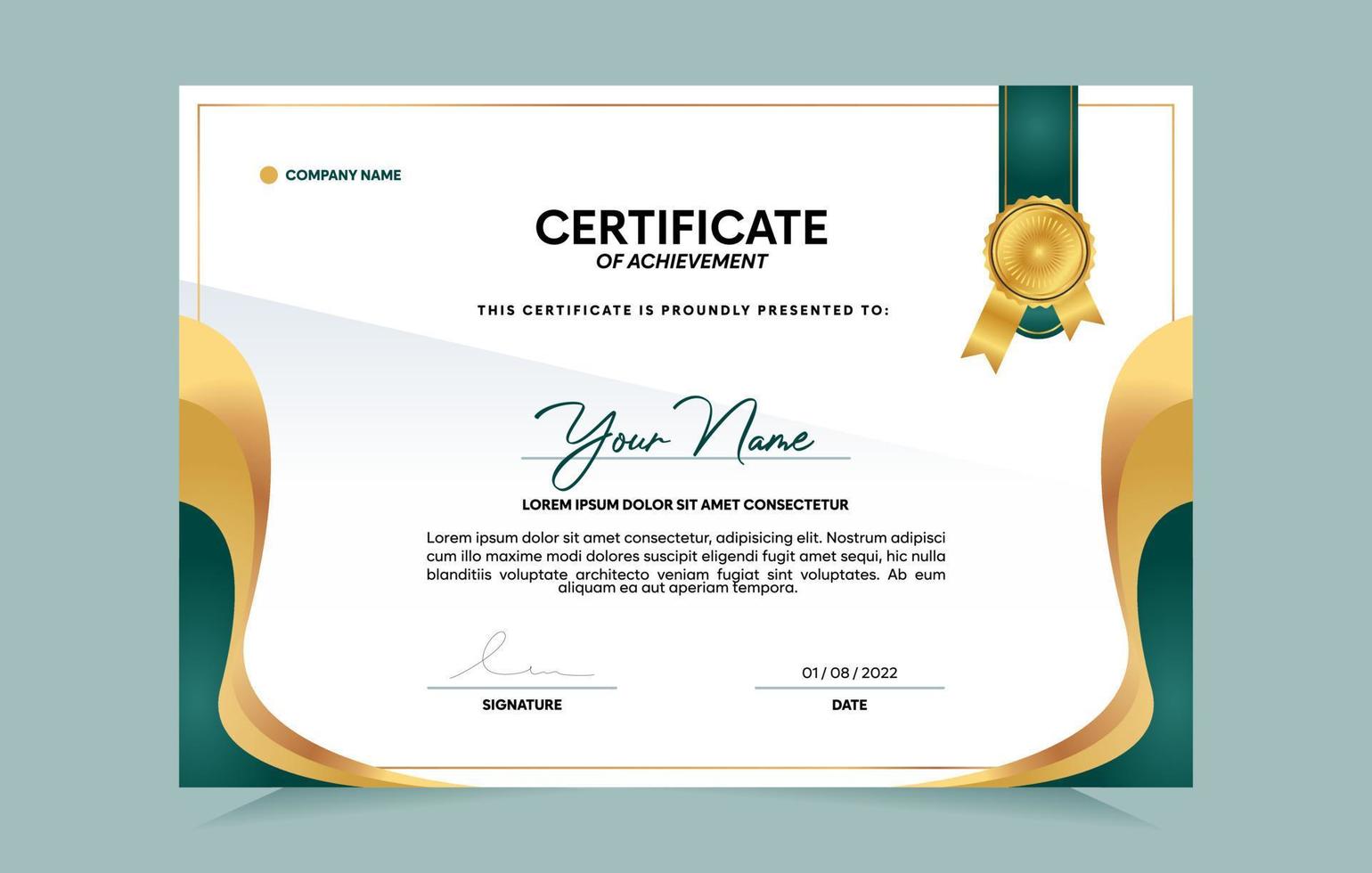 Green and gold certificate of achievement template set with gold badge and border.  For award, business, and education needs. Vector Illustration