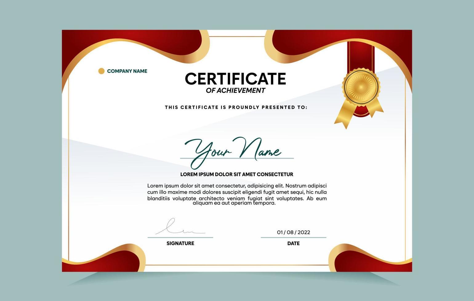 Red and gold certificate of achievement template set with gold badge and border.  For award, business, and education needs. Vector Illustration