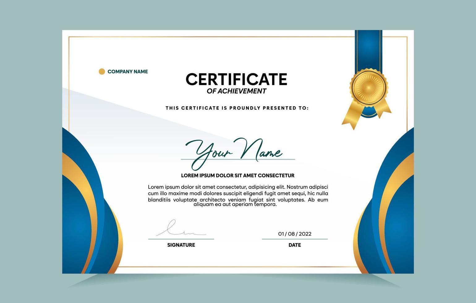 Blue and gold certificate of achievement template set with gold badge and border.  For award, business, and education needs. Vector Illustration