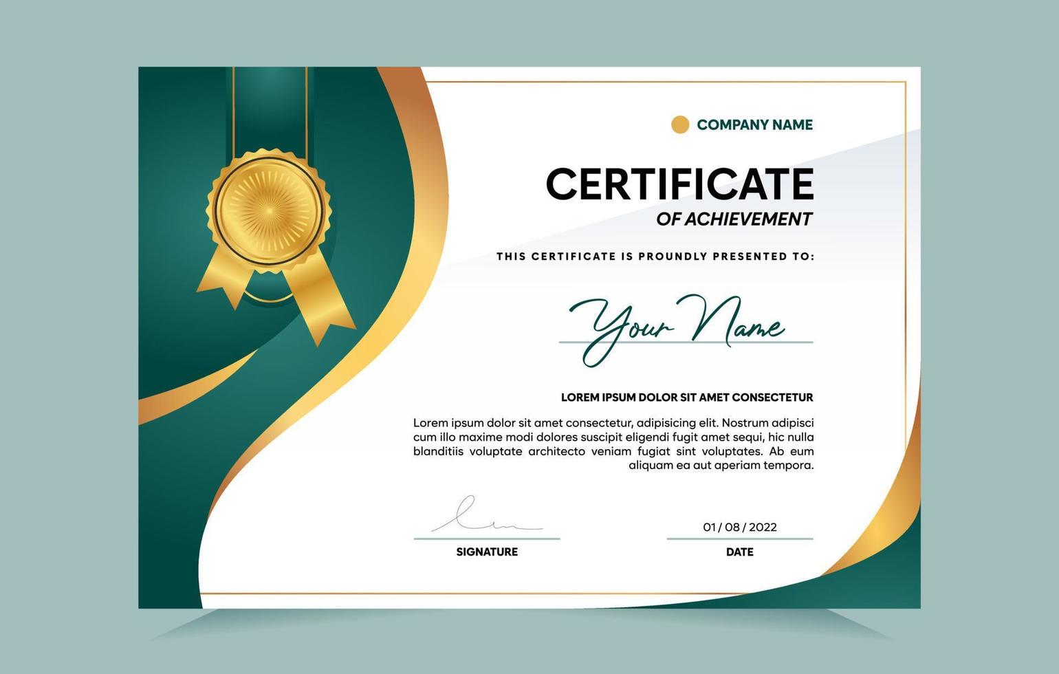 Green and gold certificate of achievement template set with gold badge and border.  For award, business, and education needs. Vector Illustration