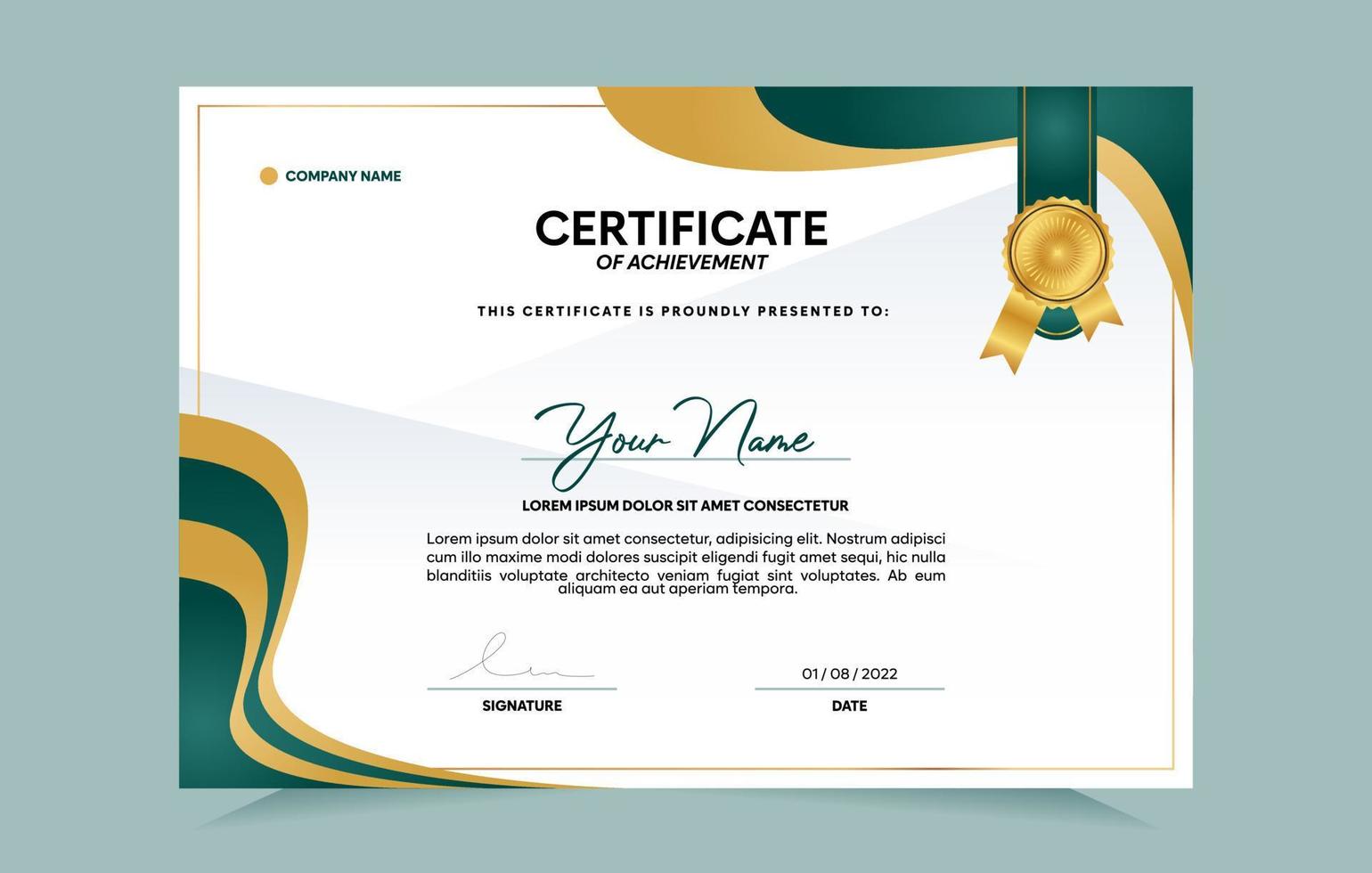 Green and gold certificate of achievement template set with gold badge and border.  For award, business, and education needs. Vector Illustration