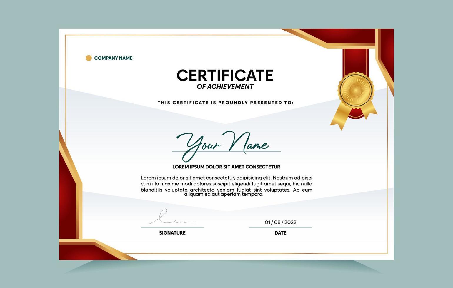 Red and gold certificate of achievement template set with gold badge and border.  For award, business, and education needs. Vector Illustration