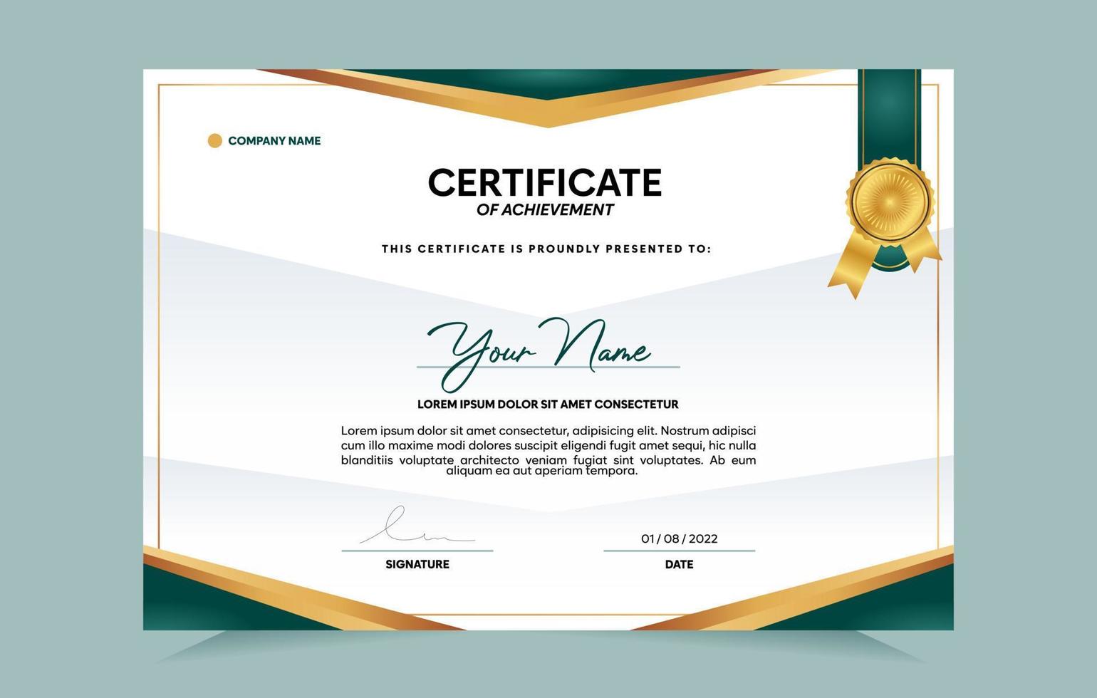 Green and gold certificate of achievement template set with gold badge and border.  For award, business, and education needs. Vector Illustration