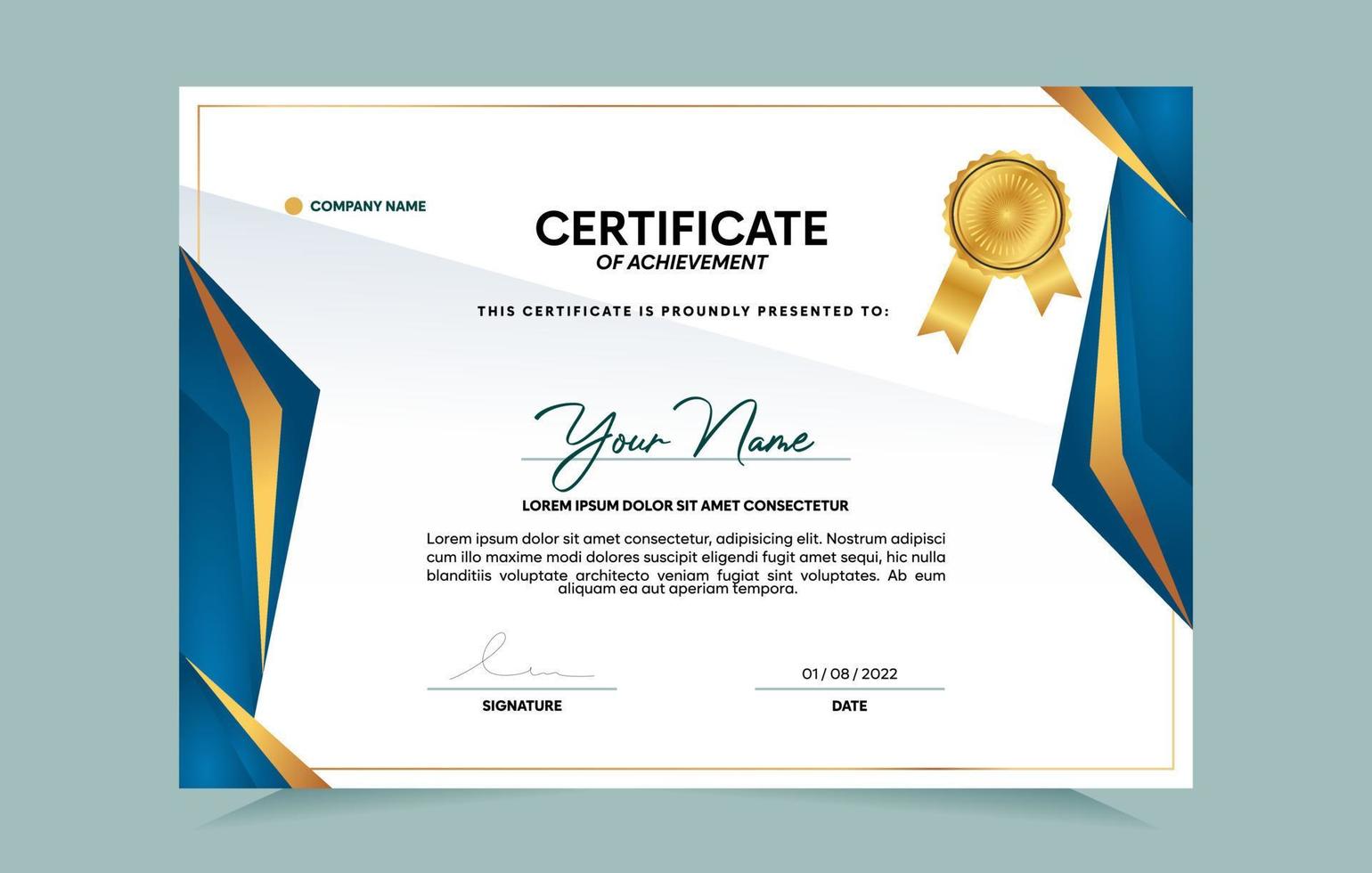 Blue and gold certificate of achievement template set with gold badge and border.  For award, business, and education needs. Vector Illustration