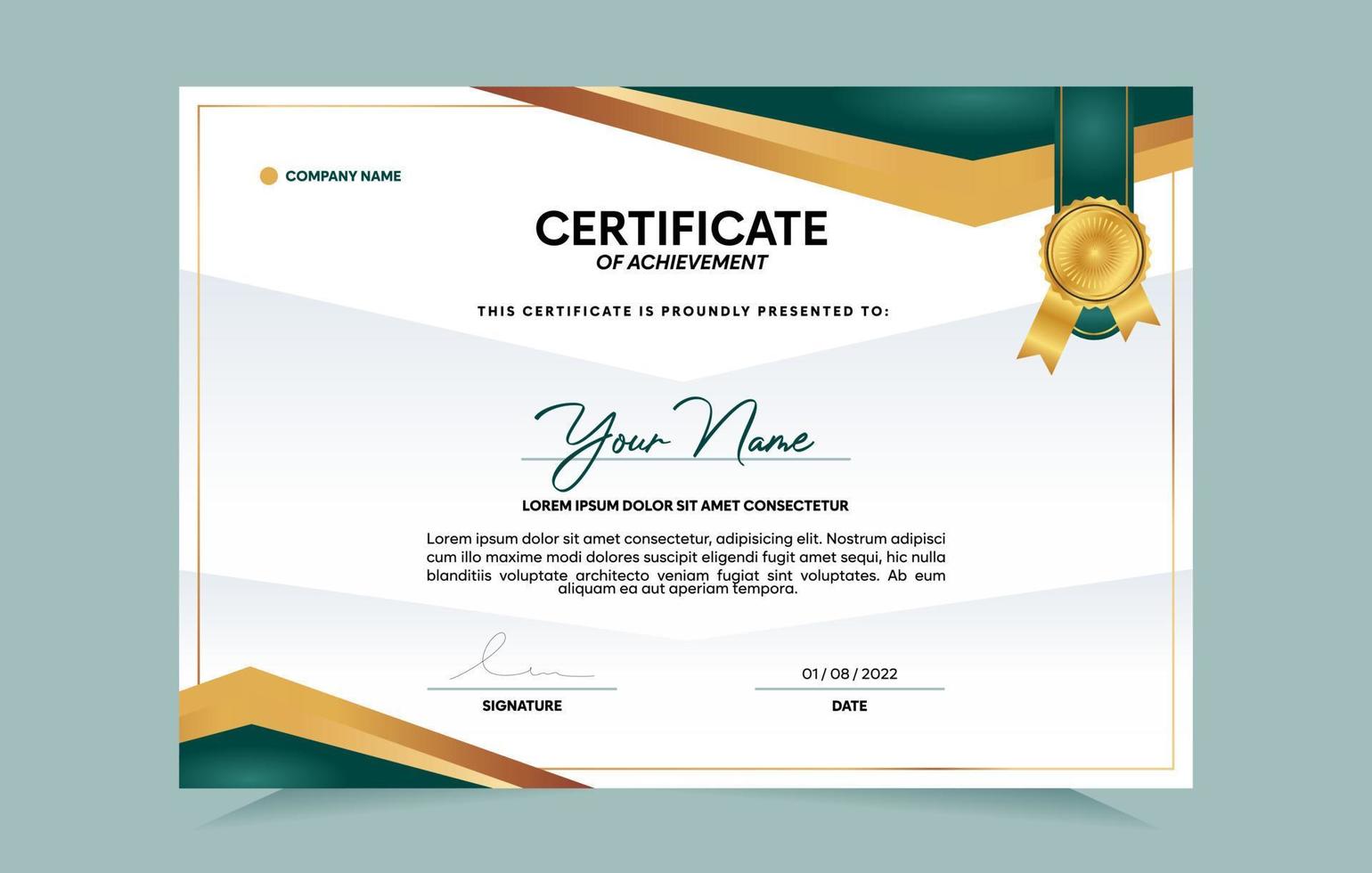 Green and gold certificate of achievement template set with gold badge and border.  For award, business, and education needs. Vector Illustration