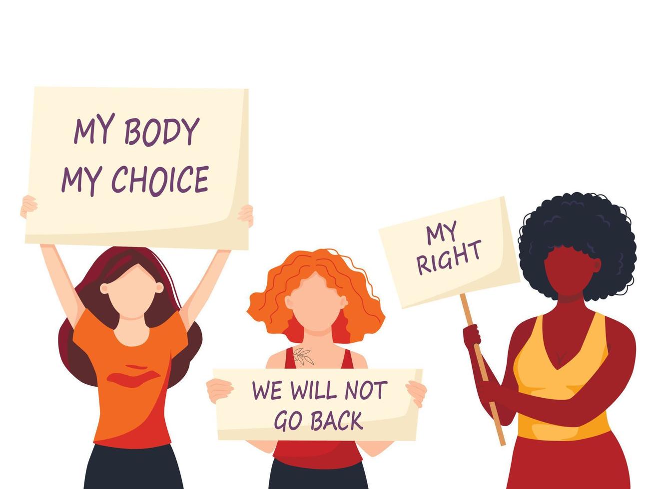 Vector illustration of women holding signs or placard on a protest demostration or picket. Woman against violence, pollution, descrimination, human rights violation.