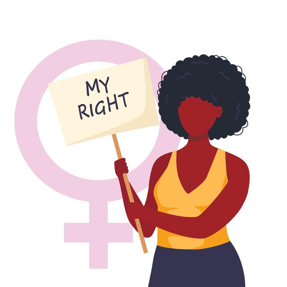 Vector illustration of woman holding signs or placard on a protest demostration or picket. Woman against violence, pollution, descrimination, human rights violation.