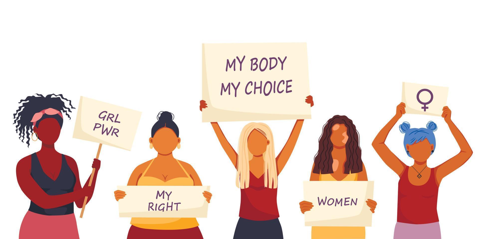 Vector illustration of women holding signs or placard on a protest demostration or picket. Woman against violence, pollution, descrimination, human rights violation.