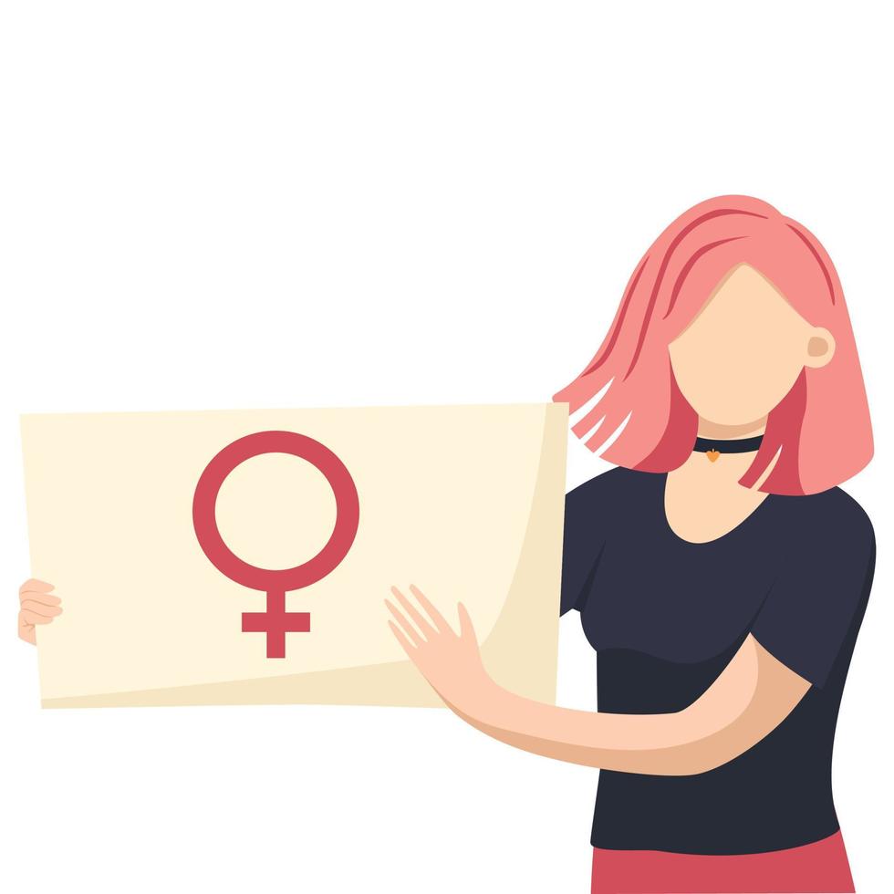 Vector illustration of woman holding signs or placard on a protest demostration or picket. Woman against violence, pollution, descrimination, human rights violation.