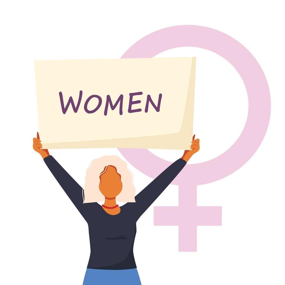 Vector illustration of woman holding signs or placard on a protest demostration or picket. Woman against violence, pollution, descrimination, human rights violation.