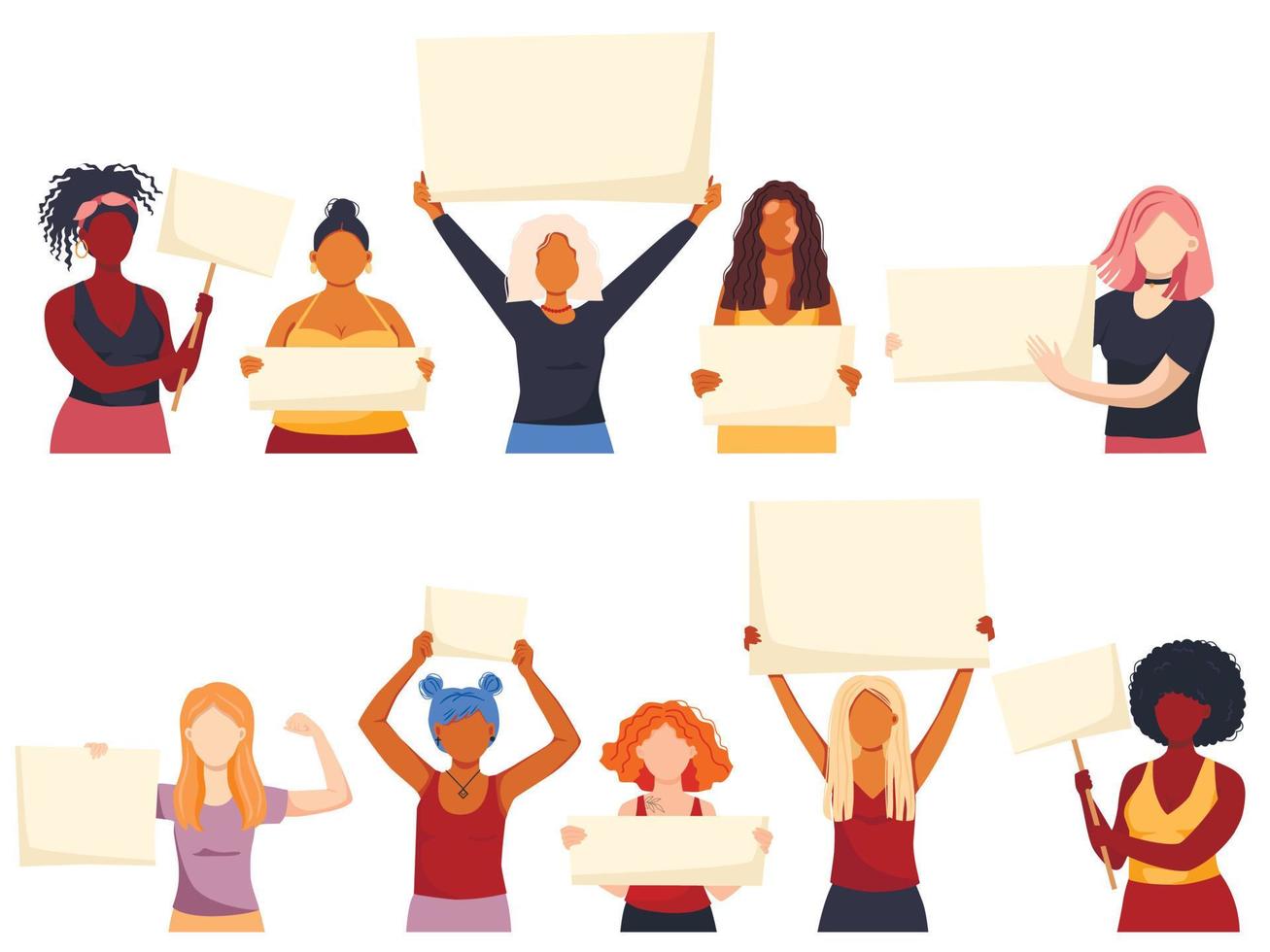 Set of vector illustration of women holding signs or placard on a protest demostration or picket. Woman against violence, pollution, descrimination, human rights violation.