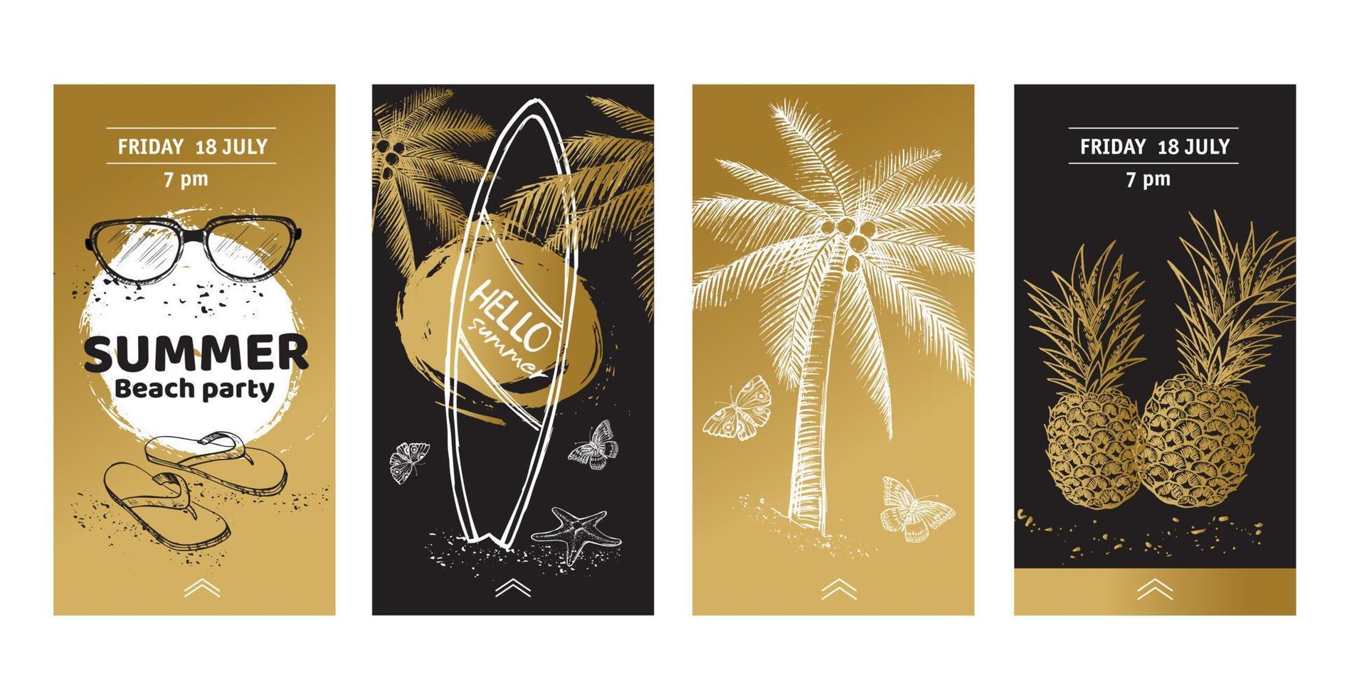 plantilla de historias editables. hola verano, palmera, gafas, piña. ilustración dibujada a mano. vector