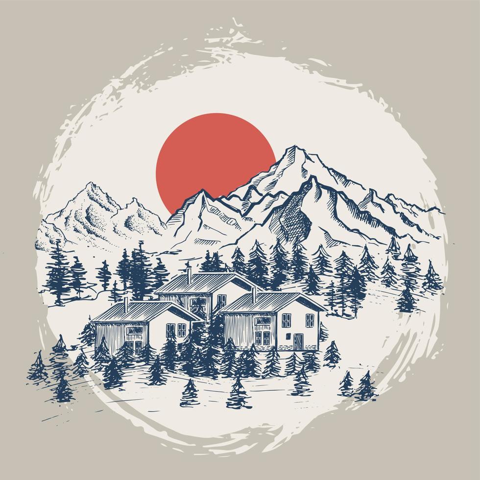 paisaje de montaña, ilustración vectorial, estilo boceto. vector