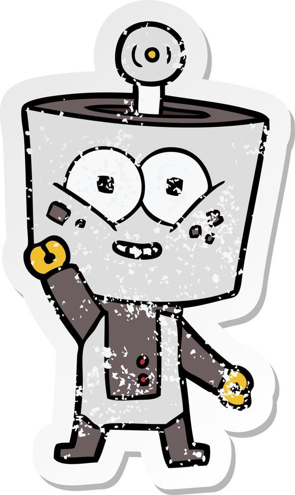 distressed sticker of a happy cartoon robot waving hello vector