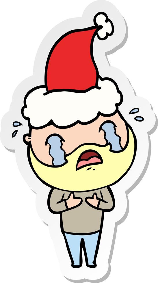 sticker cartoon of a bearded man crying wearing santa hat vector