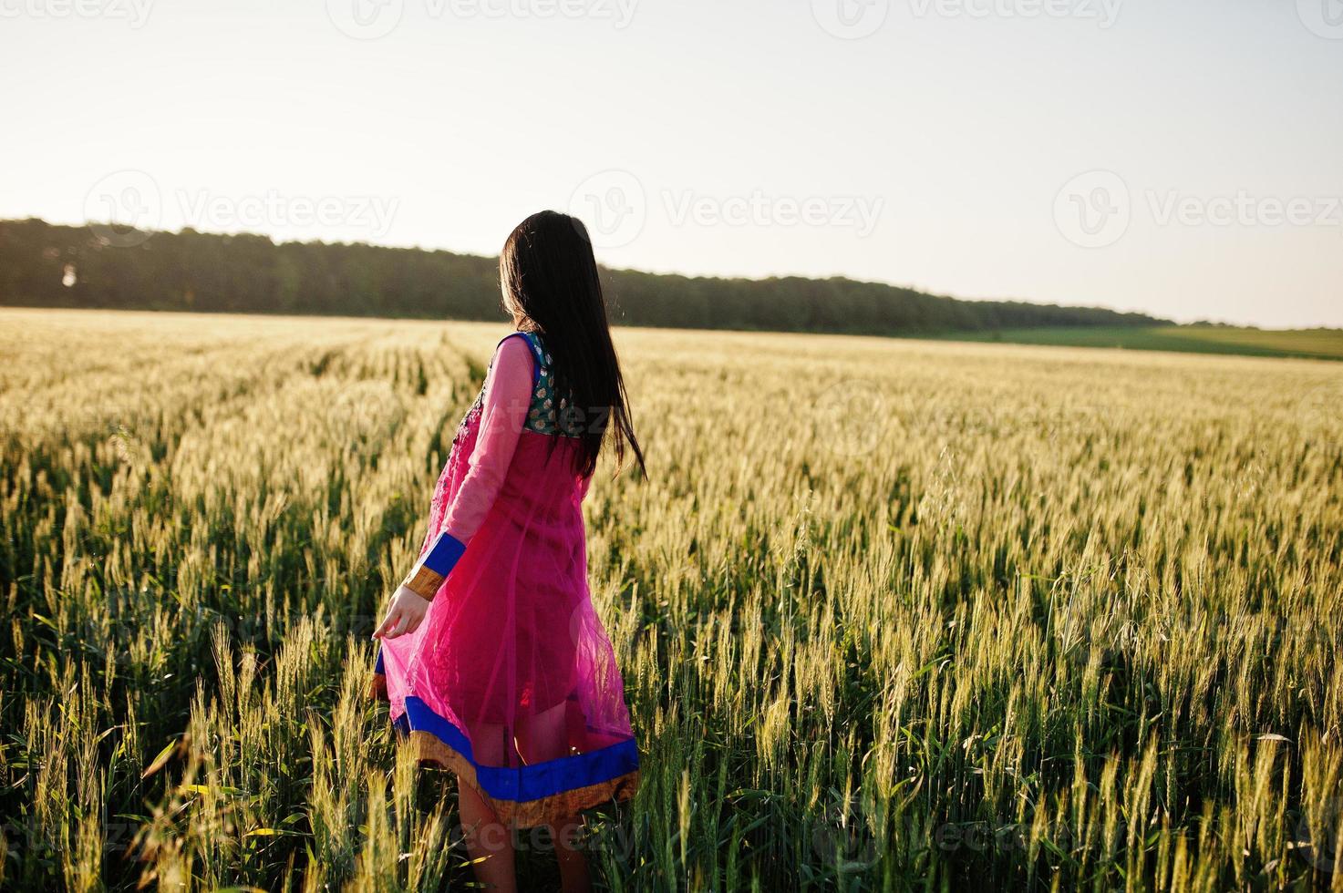 Tender indian girl in saree, with violet lips make up posed at field in sunset. Fashionable india model. photo