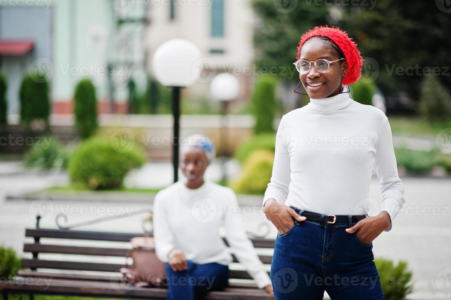 Two young modern fashionable, attractive, tall and slim african muslim womans in hijab or turban head scarf posed together. photo