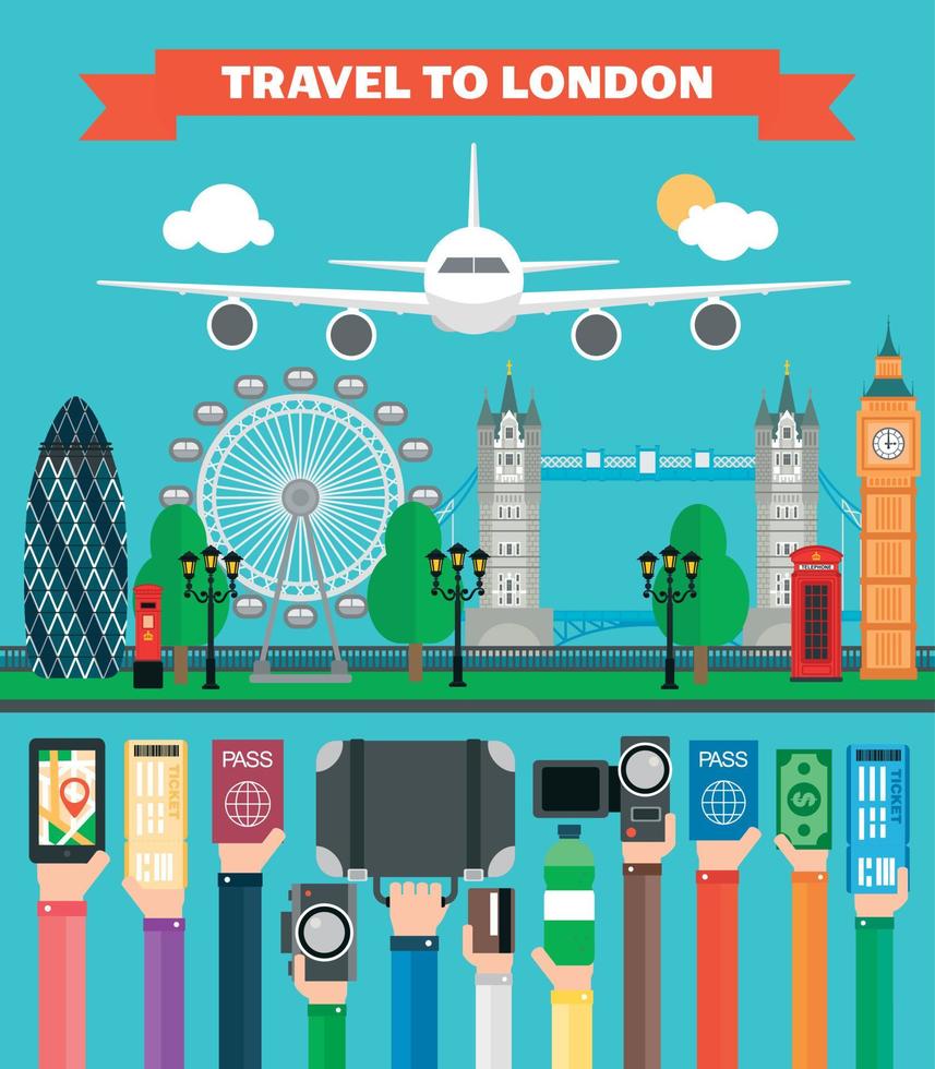 London travel design flat with plane vector