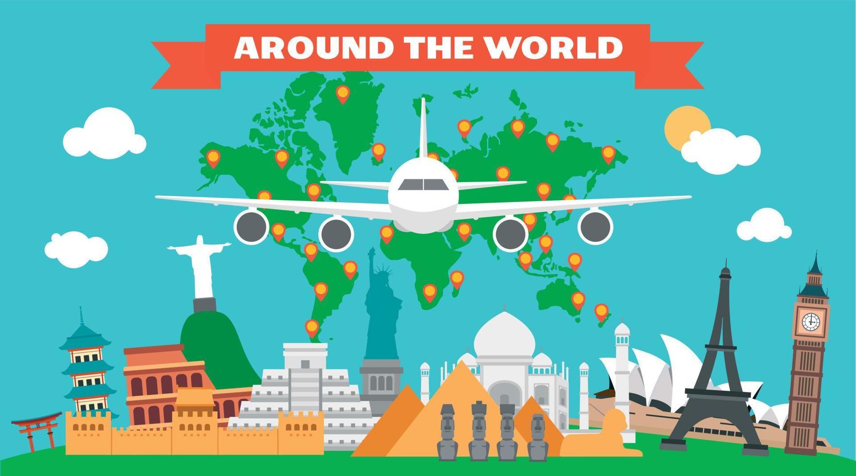 Around the world flat design with plane and map land vector
