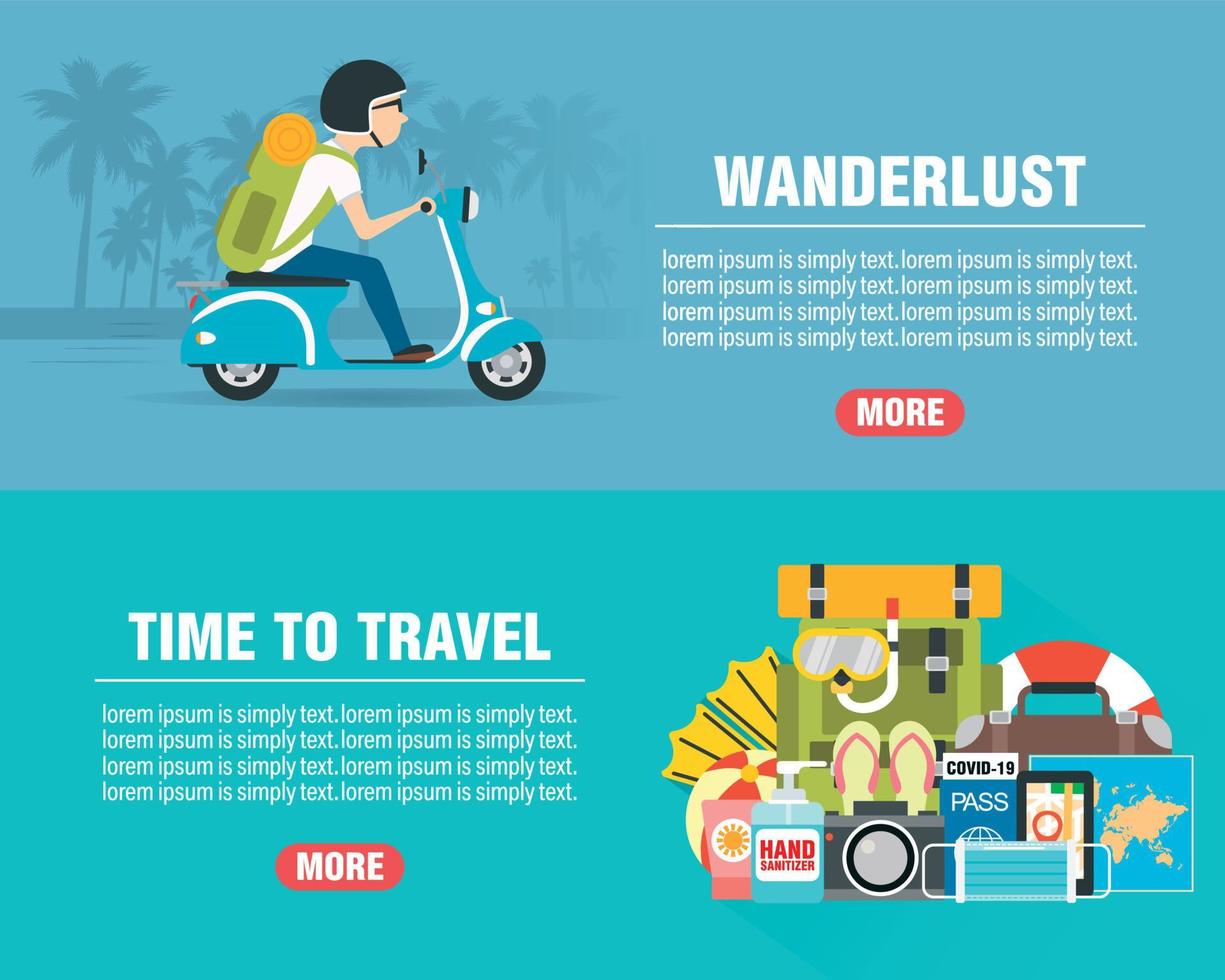 pancartas planas de diseño de concepto de pasión por los viajes de verano con viajes en scooter. tiempo para viajar icono de viaje. viaje seguro vector