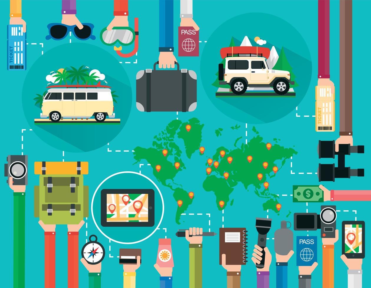 Time to travel flat design set, summer holiday with SUV minibus and map of the earth vector