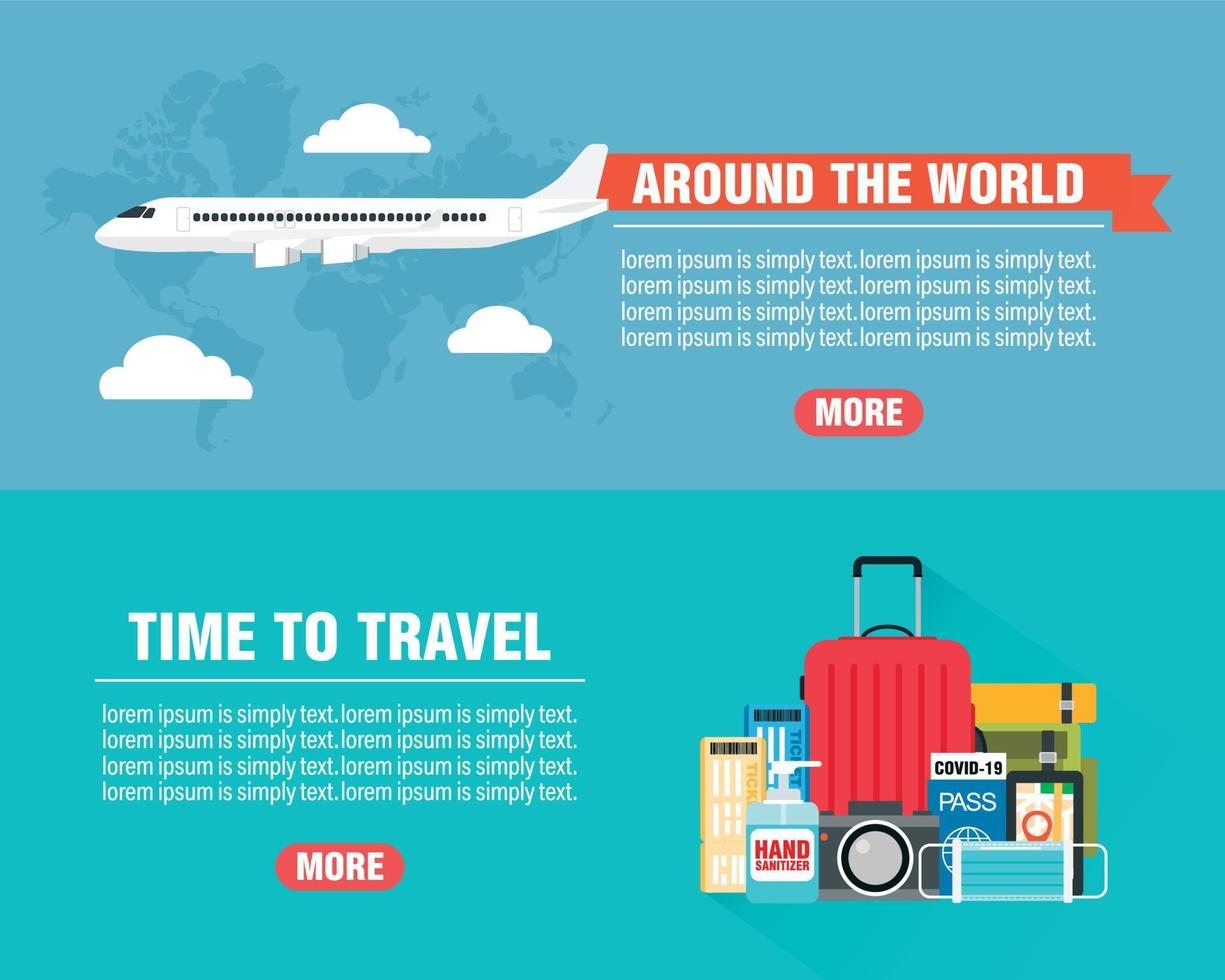 Travel concept design flat banners set. Time to travel. Around the world. Travel icon. Safe journey vector