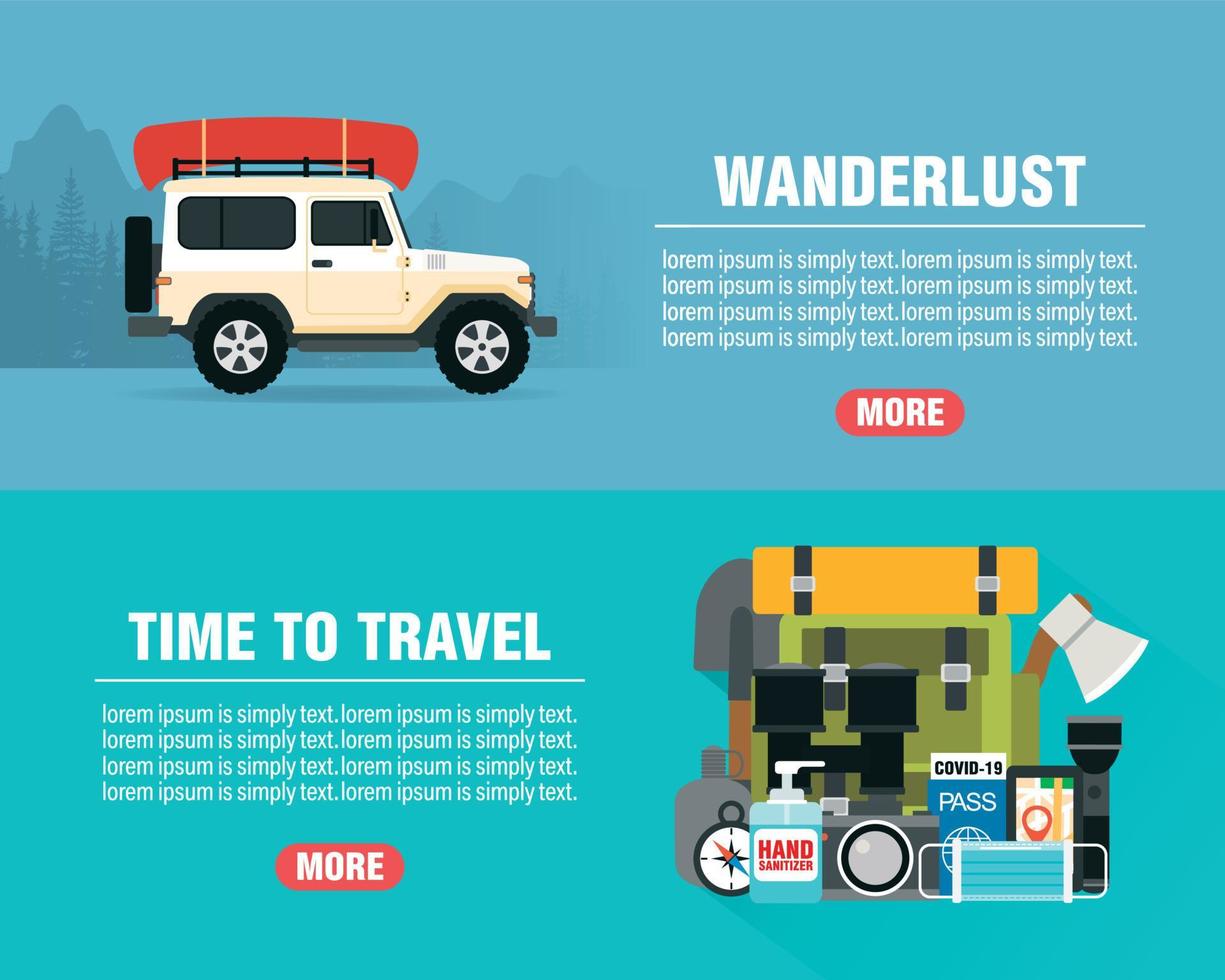 Conjunto de banners planos de diseño de concepto de pasión por los viajes. tiempo para viajar icono de viaje. viaje seguro vector