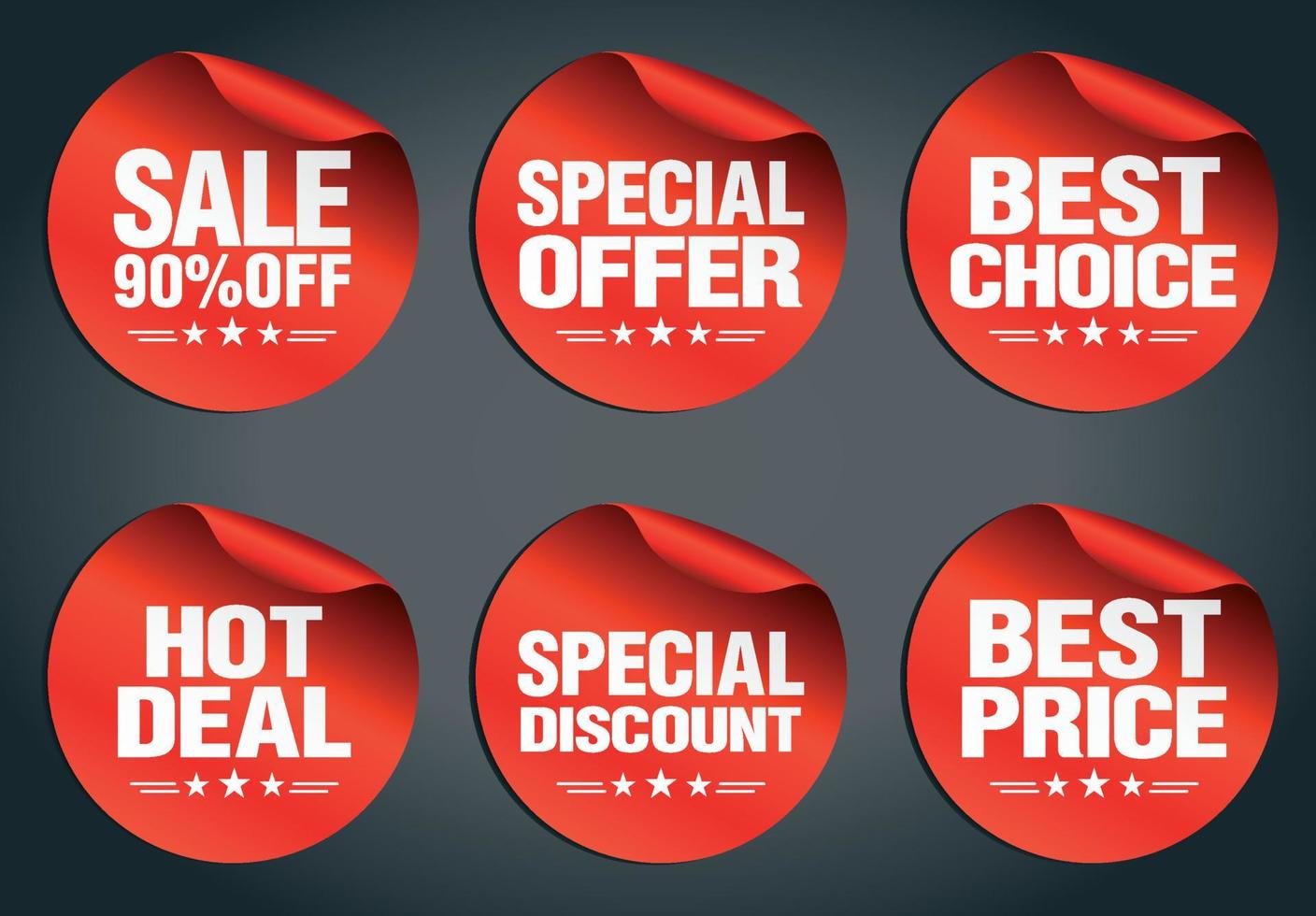 Red sale stickers set 90 percent off, hot deal, best choice, best price, special offer, special discount with stars on a dark background vector