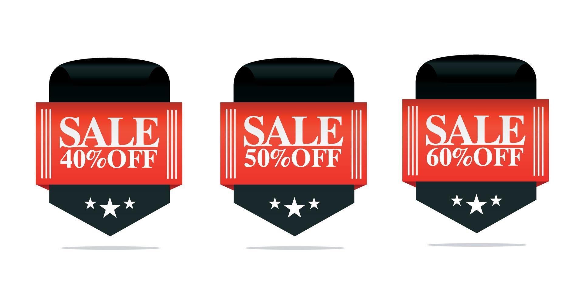 Set of sale badges, 40, 50, 60 percent off vector