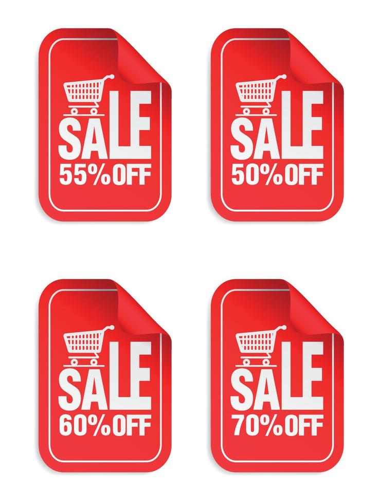 Red Sale stickers set with shopping cart. Sale stickers 50, 55, 60, 70 percent off vector