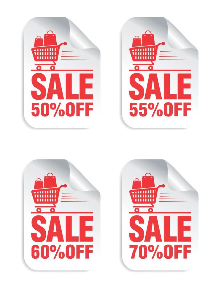 pegatinas blancas de venta con texto rojo, carro con icono de bolsas de compras. venta 50, 55, 60, 70 por ciento de descuento vector