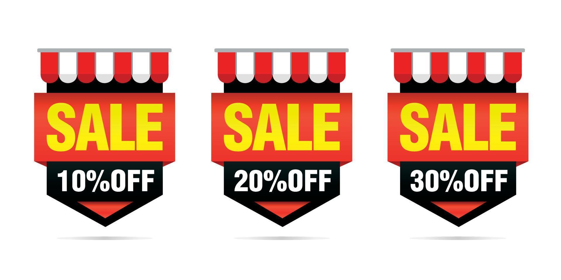 Shopping sale. Black, red set of sale badges 10, 20, 30 percent off vector