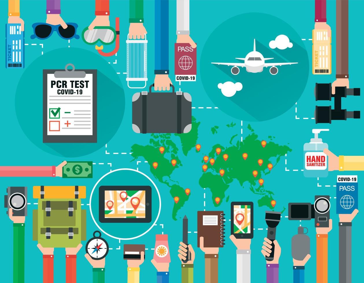 diseño plano de viaje. viajar por avión. prueba pcr negativa para coronavirus. señales de prevención covid-19 vector